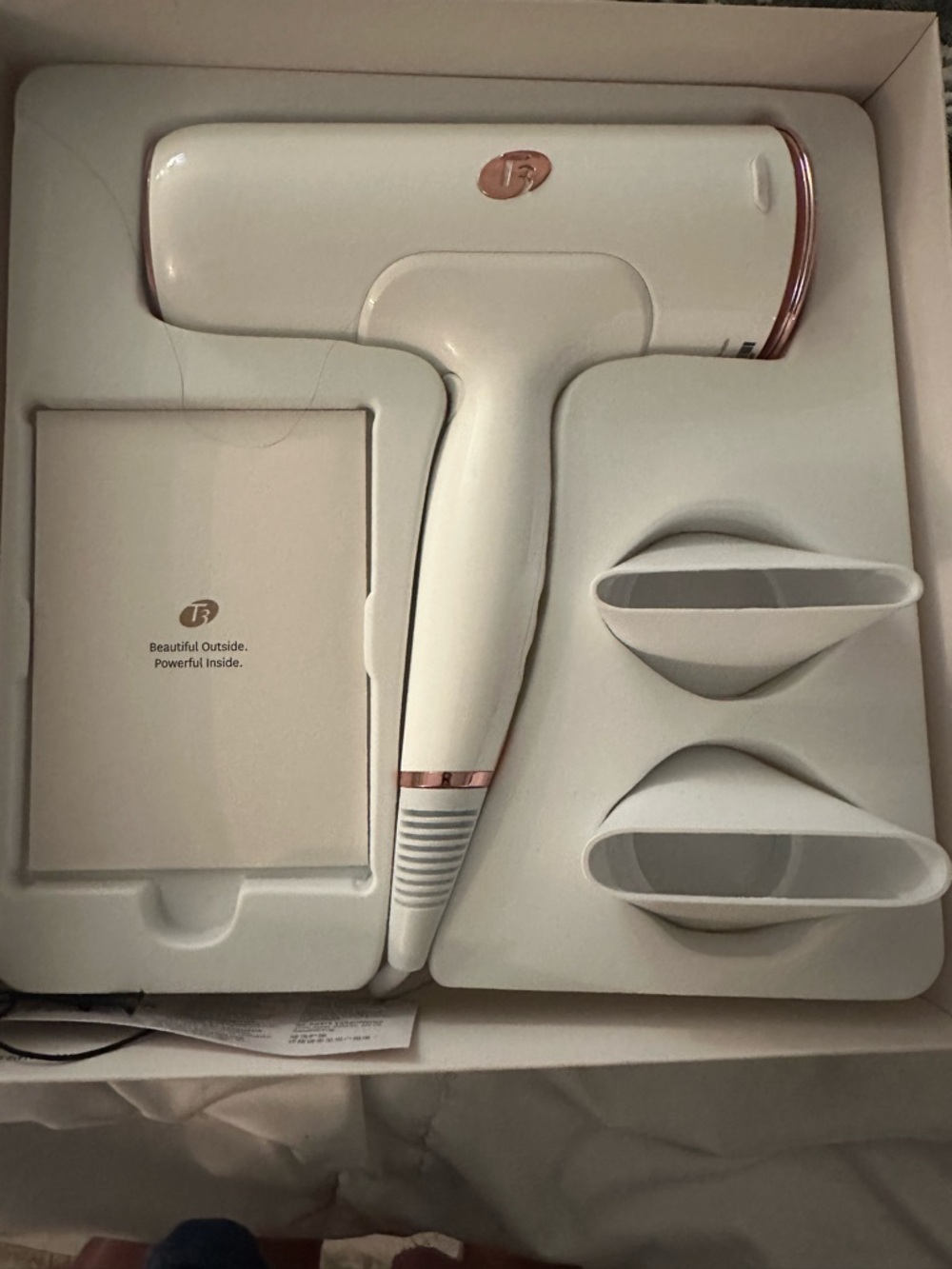 T3 White and Rose Gold Professional Hair Dryer with Dual Nozzles